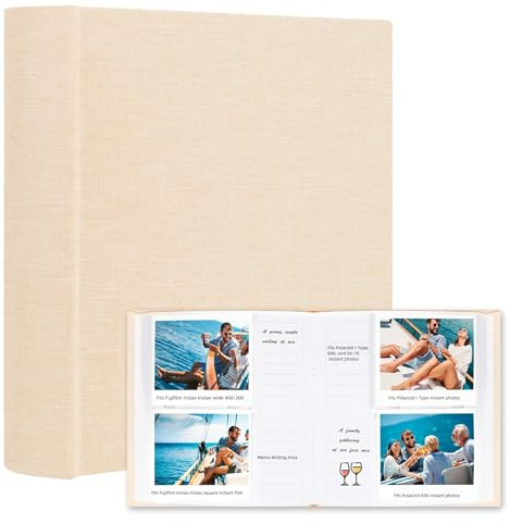 Album photo horizontal 120 photos avec zones mémo pour appareil photo Fujifilm Instax Wide 300, couverture en lin, livre photo pour Polaroid Now +/I type/600, appareil photo instantané POP Lab (Beige)