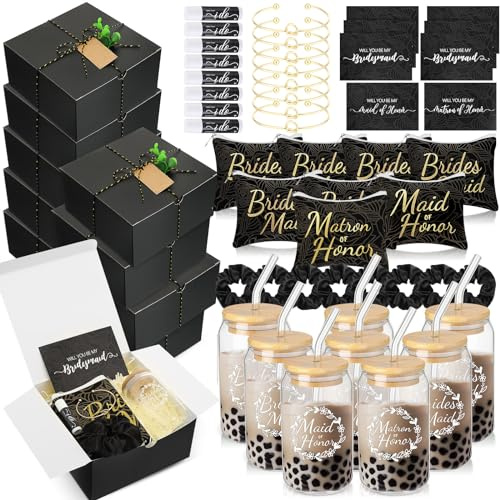 FillTouch 72 Pcs Bridesmaid Proposal Gifts, Will You Be My Bridesmaid, Bride Maid and Matron of Honor Gifts Include Gift Box Glass Cup Makeup Bag Cards Lip Balm Hair Scrunchie Bracelet(Black)