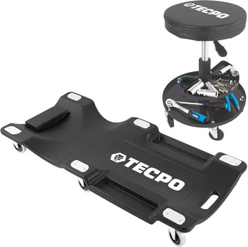 TECPO Mesa de taller con ruedas y asiento de trabajo, taburete giratorio con estante