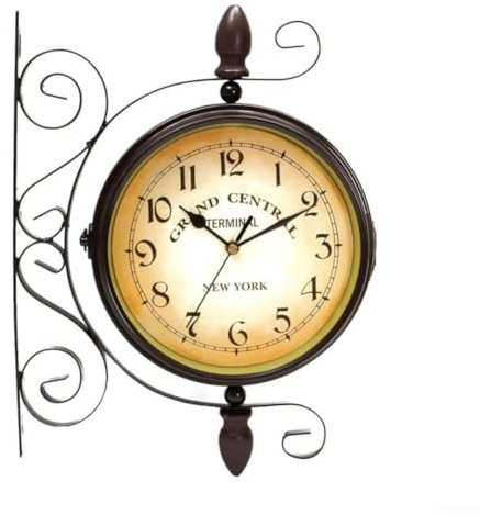 Oniissy Vintage doppelseitige Wanduhr Schmiedeeisen Bahnhof Grand Station Stil, große Outdoor-Gartenuhr Bahnhofsuhr Vintage Wanduhr Outdoor Garten