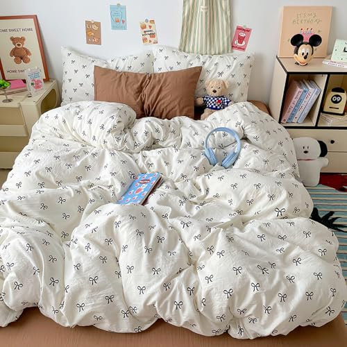 Covebett Bettwäsche 135x200 Mädchen Weiß mit Schwarz Schleifen Kinder Bettbezug 2teilig Aesthetic Kawaii Weich Renforcé Microfaser Einzelbett Deckenbezug Reißverschluss und Kissenbezug 80x80cm
