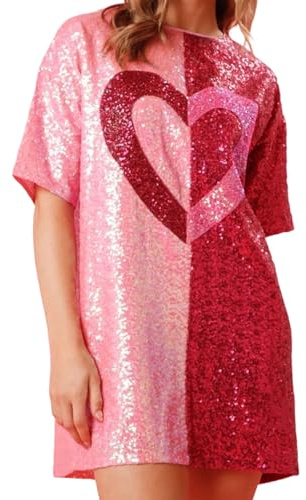 FeMereina Vestido corto de lentejuelas con estampado de corazón para mujer, vestido camisero de manga corta con purpurina brillante, vestido de fiesta para el día de San Valentín, rosa, L