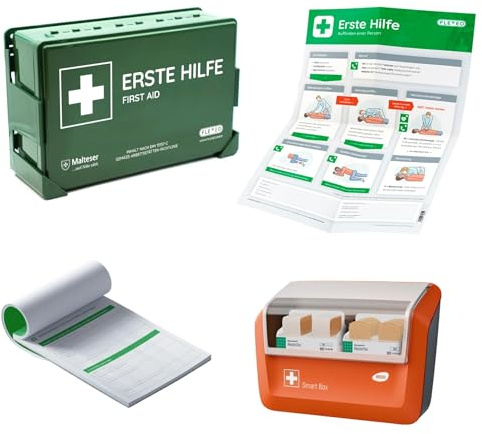 Betriebsverbandkasten nach Neuer DIN 13157:2021 mit Wandhalterung - gemäß ASR - Verbandskasten - Erste-Hilfe-Kasten - FLEXEO Koffer für Betriebe - Wandmontage - First aid (Komplettpaket Premium)