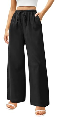 Zhiaek Pantaloni Donna Estivi Larghi Comodi Cotone e Lino Pantaloni Tuta Donna Leggeri Elastica Eleganti Gamba Larga Estivi con Coulisse Tinta Unita Pants con Tasche