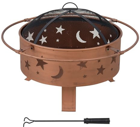 SUNJOY Steel Fire Pit with Star and Moon Pattern – Outdoor Wood-Burning Fire Bowl for Garden & Patio