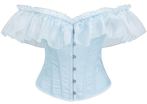 SHYMMUO Women Light Blue Off Shoulder Corset Top – Romantic Ruffle Bustier, Lace Up Waist Trainer for Cottagecore, Princesscore, Cosplay Costumes L