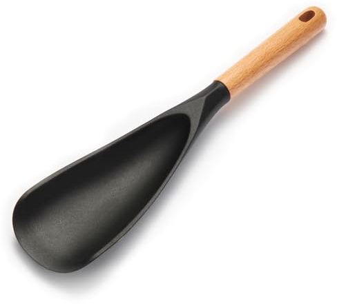 Silicone Cooking Spoon for Nonstick Cookware - Wooden Handle Kitchen Spoon for Mixing, Flipping, Scraping & Serving - Heat-Resistant Spatula for Baking, Stirring (11.4'' Black 1-Pcs)