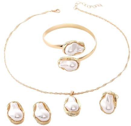 SanKristo Conjuntos de Joyas Bohemias Geométricas con Perlas Pulsera, Collar, Pendientes y Anillo Conjuntos de Joyas para Mujer Perfectos para Fiestas, Cumpleaños y Bodas, Oro/Plata