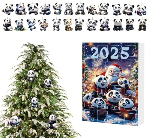 Panda Avvento di Natale, 24 giorni di conto alla rovescia, calendario 2025, ciondolo a forma di animale in acrilico 2D, per bambini e adulti, bomboniera, albero di Natale, specchietto retrovisore auto