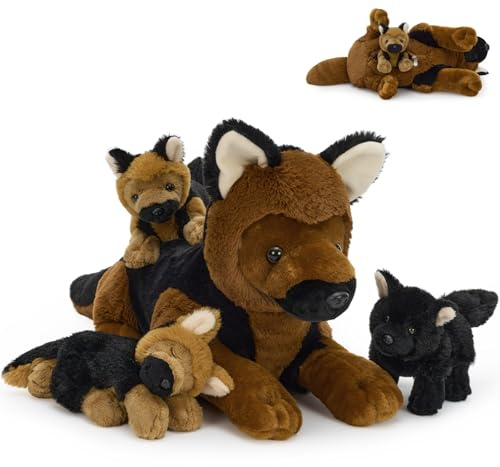 MorisMos Big German Shepherd Dog Plush Teddy Soft Toy, 45cm Mom Dog with 3 Cuddly puppies Inside, Lifelike Brown Dog Stuffed Animal Plush Cuddly, Kawaii Presents for Kids Birthday Party Decorations