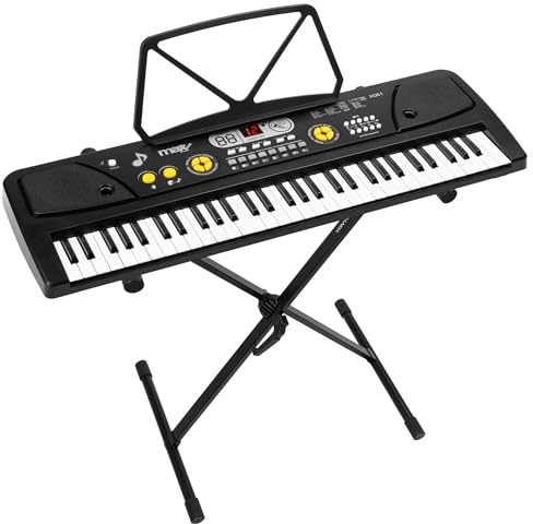 MAX KD61 Pack – Teclado electrónico infantil 61 teclas con soporte de teclado, batería recargable, micrófono, display LED, ritmos, acordes y funciones de aprendizaje para principiantes – Color negro