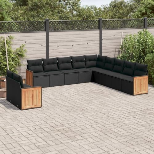 JHQHSM Ensemble de 11 canapés de jardin avec coussins noirs en polyrotin - Design modulaire pour terrasse - Meubles d'extérieur en rotin synthétique - Rembourrage confortable - Groupe de sièges