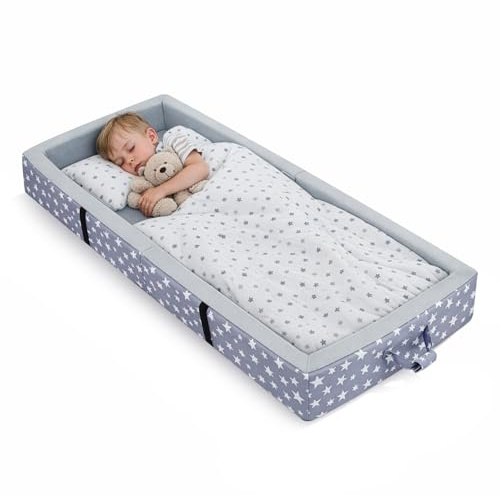 GreenWhim Portable Toddler Travel Bed Foldable Foam Floor Crib with Built in Safety Rails Washable Cover No Assembly for Home Hotel and Travel