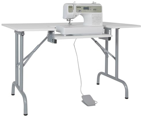 Sew Ready Folding Multipurpose Sewing Table - 47.5 W x 28 D Foldable White Hobby and Sewing Machine Table with Adjustable Shelf - Can Also Be Used as Computer Desk