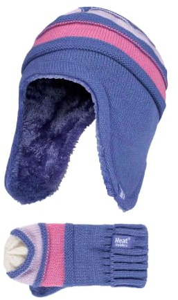 HEAT HOLDERS - Kids Girls Winter Warm Fleece Lined Cable Knitted Thermal Beanie Hat and Mittens with Ear Flaps (3-6 Years, LS1P10)