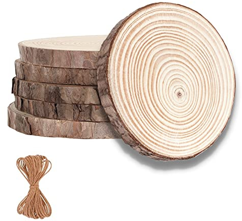 Huhemy Holzscheiben 6 Stücke Baumscheiben 15-16cm Durchmesser 15mm dick,Holz Log Scheiben Ungebohrte Baumscheibe,für Basteln,Hochzeit,Weihnachtsdekoration,Mit Bindfaden und Klauen Nägel.