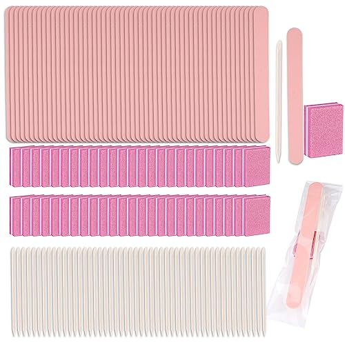 Disposable Manicure Kit - 50pc Set, Includes Mini Nail Buffer, Nail File, Wood Stick, OPP Bag, Press On Nail Tool Kit for Salon & Home (Pink)