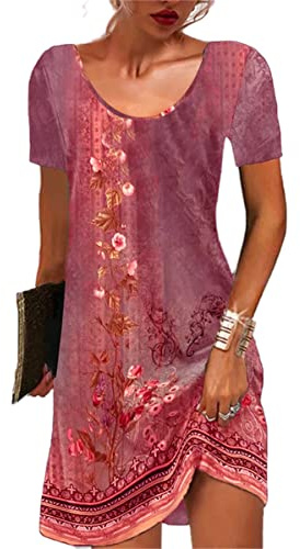 GRMLRPT Vestiti Casual da Donna Abito Manica Corta a Collo Rotondo Estivo Floreale Bohémien Mini T-Shirt Abito (Rosso,L)