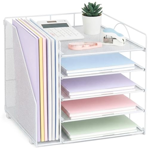 LEKETREE Organizador de Escritorio y Accesorios, Bandeja de Papel de 5 Niveles con Soporte para Archivos, Organizador de Escritorio para Suministros de Oficina, Accesorios de Escritorio de Oficina y