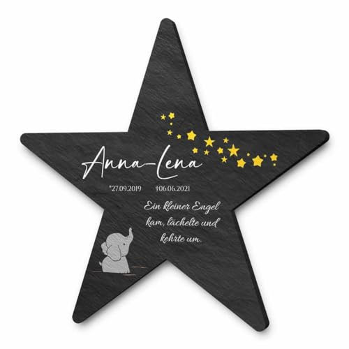 CHRISCK design Gedenkstein aus Naturschiefer - Schiefer Gedenktafel Sternenkinder in Sternform | personalisierte Gestaltung mit farbigem und langlebigem UV-Druck - Größe ca. 20x19,5 cm