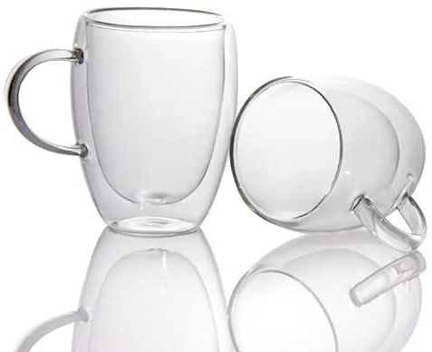 BERA HOME Double Walled Glasses with Handle - Thermo Drink Cups (350ML Set of 2) for Coffee & Hot Drinks