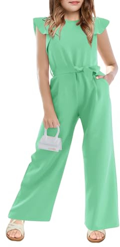 Haloumoning Tuta da Bambina Moda per Bambini Maniche Corte Cinturata Gamba Larga Tutina Monopezzo Completi Estivi, Verde chiaro, 9-10 anni