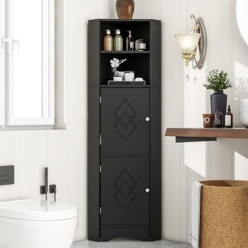 KOMHTOM Armario de baño negro, armario de esquina con dos puertas y dos estantes abiertos, armario multiusos para salón, dormitorio, baño (negro), CDWF314510AAB