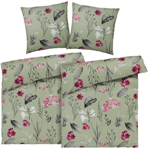 Pure Label Blumen Bettwäsche 4teilig 135x200 cm mit einem 2er Set Kissenbezüge 80x80 cm - Traumhaft weiches Bettwäsche-Sets 135 x 200 cm in grün aus 100% Baumwolle mit YKK Reißverschluss