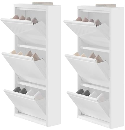 WOLTU 2er Set Schuhschrank mit 3 Klappen, Schuhregal geschlossen, Schuhkommode schmal, aus Metall, für Flur Diele Wohnzimmer, 50x106x15 cm, Weiß, SRX41ws-2