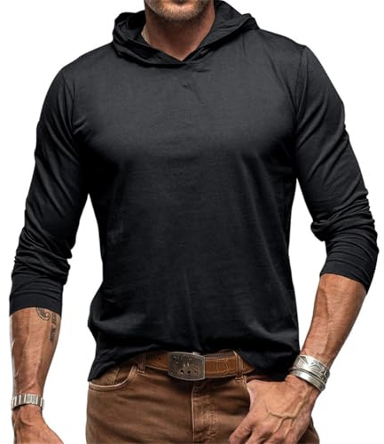 seiveini Homme Hoodie à Manches Longues T Shirt à Capuche Slim Fit Tee Shirt Basique Sport Décontractée A Noir M