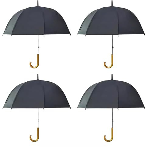4 Pack Classic Black Umbrella Wooden Crook Handle Wedding Brolly Walking Mens Gents Wood Wedding Bridal Grooms Groomsmen Event Groomsman Event Party Rain Dome Bubble Ladies Mens Large Set For