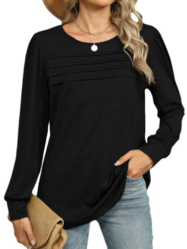 EIRUKON Maglia Donna Manica Lunga T Shirt con Girocollo Primaverili e Autunnali Maglietta Casual Camicia Plissettato Eleganti Allentato Blusa Top
