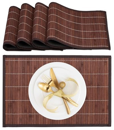 Relaxdays Mantelitos Individuales, Set de 4, Bambú, Borde de Tela, Antideslizante, 45x30 cm, Rectangular, Marrón/Negro, Poliéster