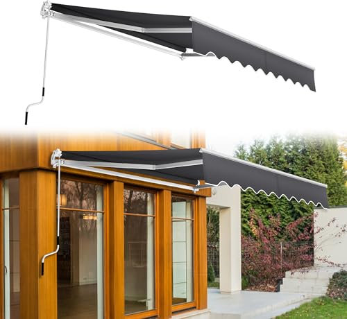 YRHome Auvent à bras articulés, 400 x 300 cm, en aluminium et polyester, protection solaire, imperméable, brise-vue, anti-UV, avec manivelle, pour terrasse, balcon, gris foncé