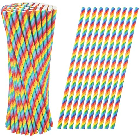 100 Pcs Rainbow Paper Straws, Colorful Striped Paper Drinking Straws, Recyclable Pride Party Drinking Straw, Biodegradable Rainbow Papers Straw for LGBQT Pride Day Birthday Party Supplies