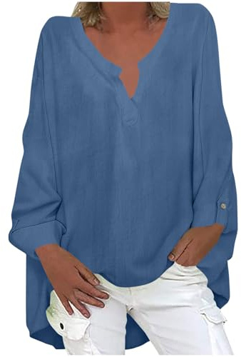 Top Femme Coton Et Lin Chemise Femme Lin Manches Longues Tee Shirts Couleur Unie Décontractée Huats Col en V T Shirts Grande Taille Blouse Femmes Chic Et Élégant Tunique Top Coupe Ample