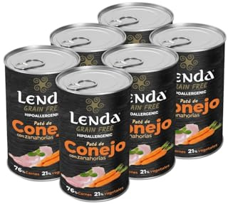 Lenda Pack 6 x 400gr Comida Humeda Hipoalergenica Perro Joven y Adulto - Conejo con Zanahorias - Alimento Completo y Natural para Todas Las Razas - Sin Cereales con Condroprotectores