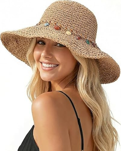 BelleVive Beach Hats for Ladies, Straw Hats for Ladies, Foldable Straw Hat, Foldable Ladies Sun Hat, Foldable Wide Brim Cap, UPF 50+ Sun Protection for Summer