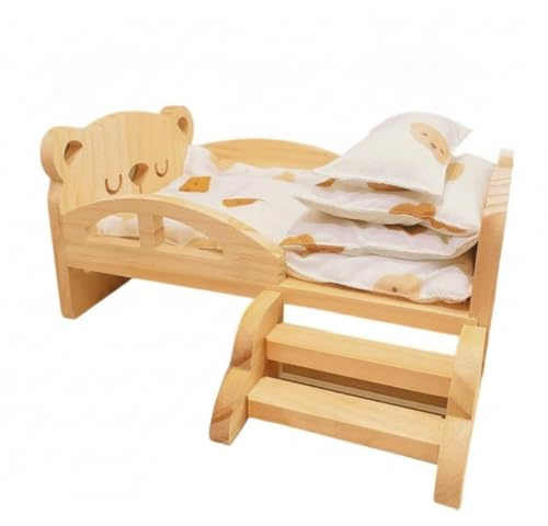 FytStycale Lit Poupée avec Literie et Oreiller Naturel Lit Poupée en Bois Soli Jouet pour Enfants, Collectionneurs, Lit Simple Ours avec Couette Ours