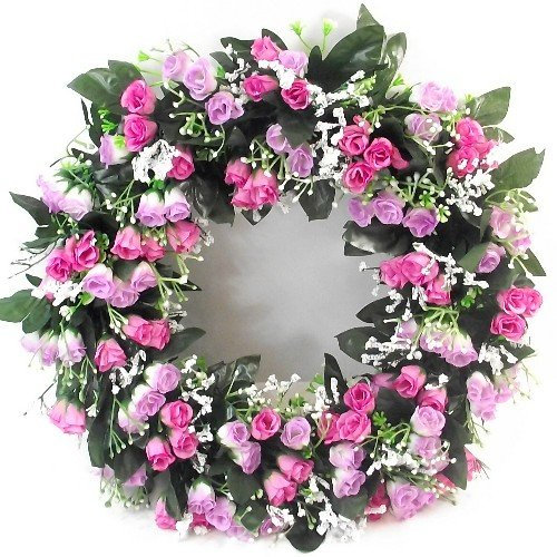 42cm Artificial Lilac & Pink Rose Wreath for in or outdoors - Home Grave Wedding