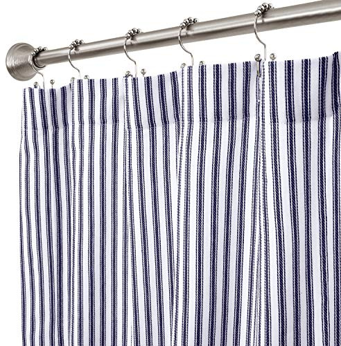 Cackleberry Home Navy Blue and White Ticking Stripe Woven Cotton Shower Curtain Extra Long 72 Inches W x 84 Inches L