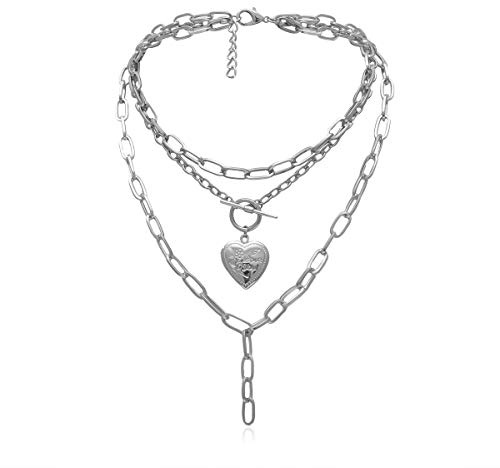 HMOOY Cool Punk Grueso Cadena Collar Llamativo En Forma De Corazón Foto Medallón Colgante En Capas Gargantilla Collar Joyería para Mujeres Niñas (Silver)