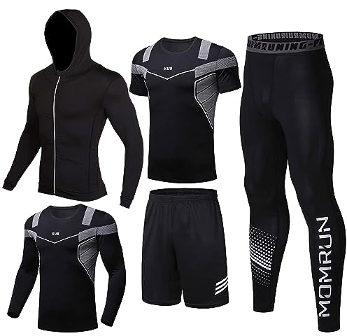 BOOMCOOL 5Pcs Gym Clothes Men Tracksuit Sets Running Wear Compression Shirts Sleeve Tops Jackets Long Suits Leggings Shorts Sports Activewear for Athletic Workouts-L