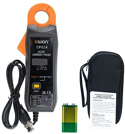 OWON CP024 Sonde de pince de courant AC/DC pour oscilloscope, testeur de courant Pince ampèremétrique Bande passante 200KHz 1mV/10mA 400A Correction du zéro relatif avec connecteur de type BNC