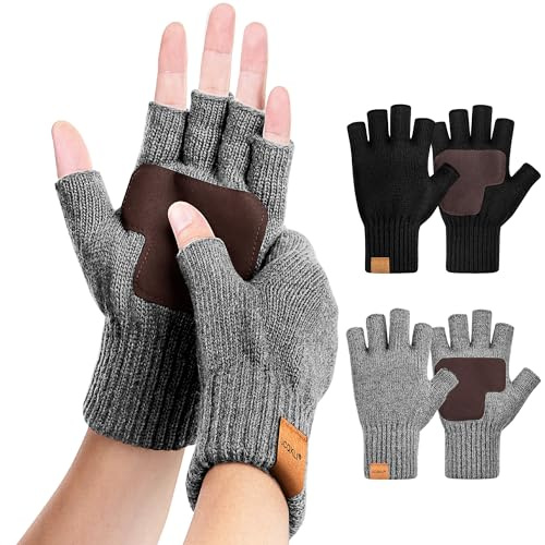 UCQKLI 2 Pairs Winter Fingerless Gloves for Women Men, Gloves for Women Warm Alpaca Wool Stretch Knit Cold Weather, Half Finger Gloves Touchscreen Driving(Black&Grey-Large)