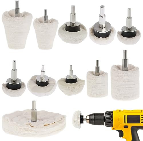 Lot de 11 disques de polissage pour perceuse, visseuse sans fil, 6 mm, tige hexagonale conique, velours de coton, tampon de polissage pour voitures et motos