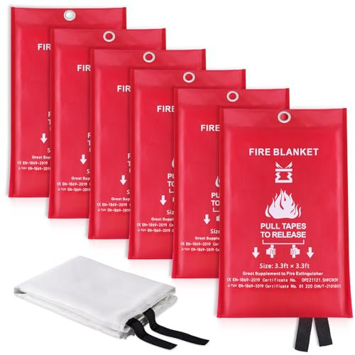 Couvertures Anti-feu Ignifuge pour Maison Cuisine - Couverture d'incendie de Couverture de Secours de Fibre de Verre idéal pour la Fourneau Garage Bureau Camping Caravane Gril 1M x1M (6 Fire Blankets)