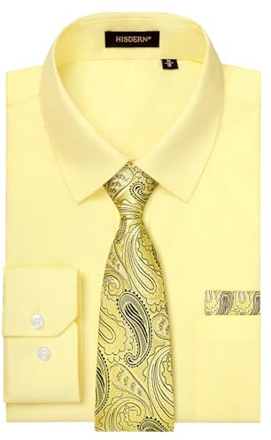 HISDERN Mens Dress Shirt Tie Combo Yellow Long Sleeve Shirt with Matching Tie and Pocket Square Set Button Down Formal Business Men Shirts for Prom Wedding