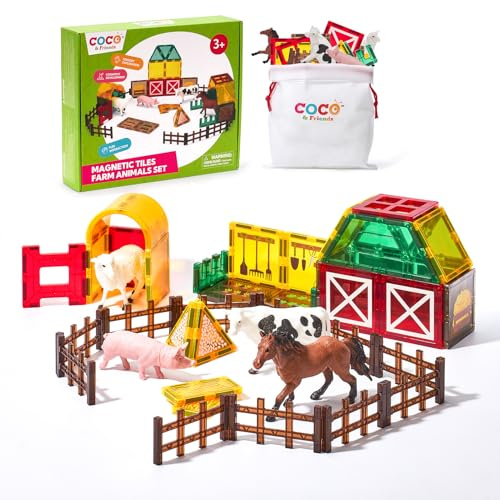 COCO&Friends Jouet Enfant 3 Ans Construction Magnetique Enfant, Magnetic Tiles Animaux de la Ferme Bloc de Construction Magnétique Jeux Montessori STEM Educatif Cadeau Fille Garçon 3 4 5 6 Ans