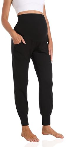 Gowjog Pantalones De Maternidad para Mujer Pantalones Joggy El Abdomen Embarazadas Informales Yoga Deportivos con Bolsillos (Negro,L)